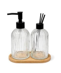 Set de Baño Dosificador de Jabón + Difusor + Bandeja de Bamboo